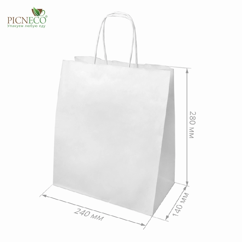 товар Бумажный крафт пакет с кручеными ручками, белый, 240*140*280 мм BPK024